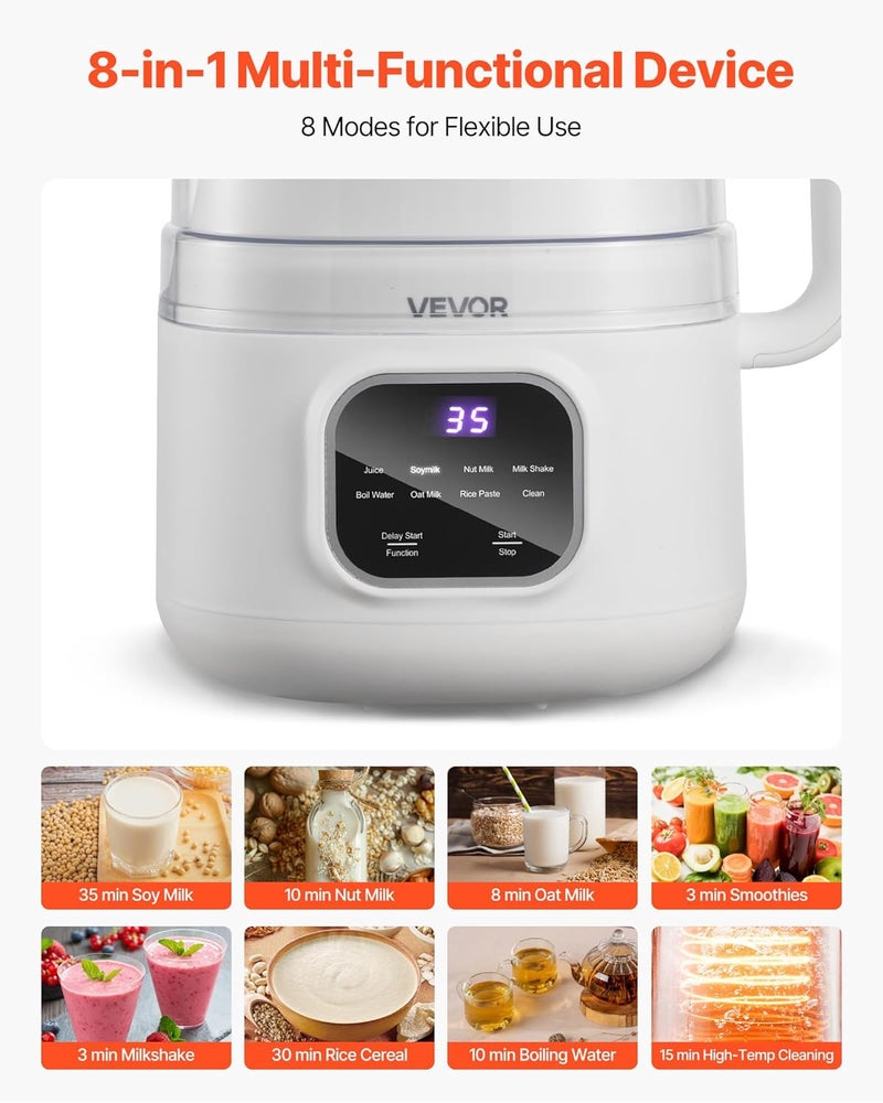 VEVOR 8-in-1 Nut Milk Maker, 34 oz Soy Milk Maker with Soundproof Cover for Homemade Oat, Nut, Soy, Juice, Milkshake, Rice Cereal, Plant-Based Beverages with Self-Cleaning, Boil Water, 12-Hour Delay - Image 2